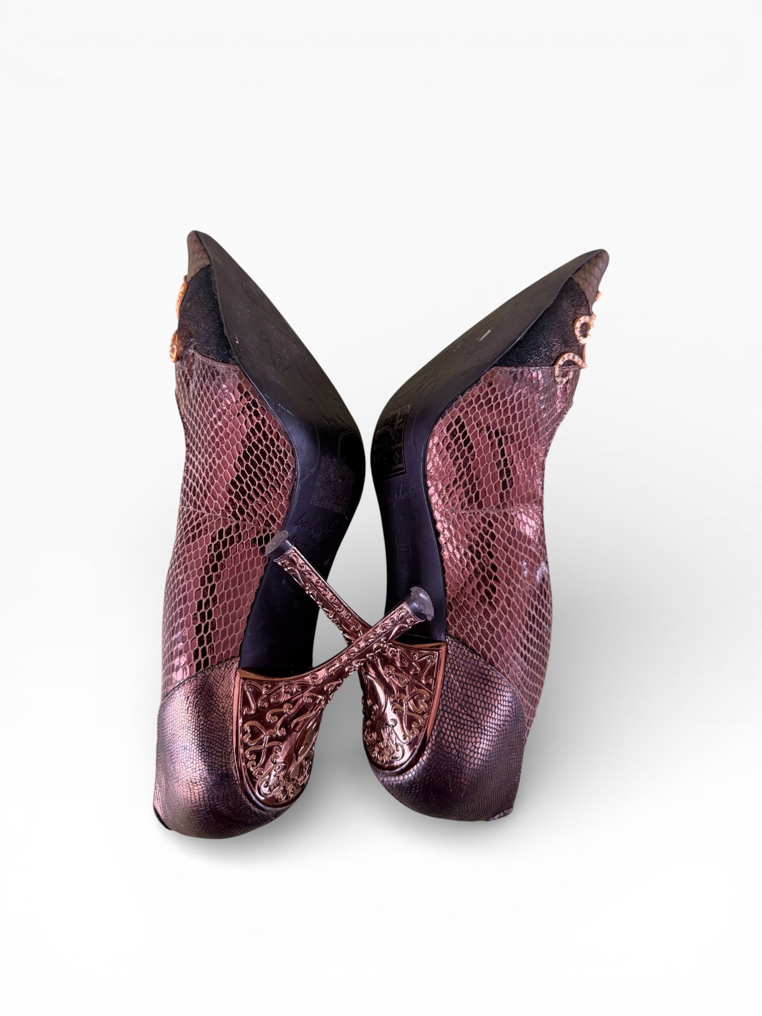 Baby Phat Rose Gold Baroque Embellished Python Heels