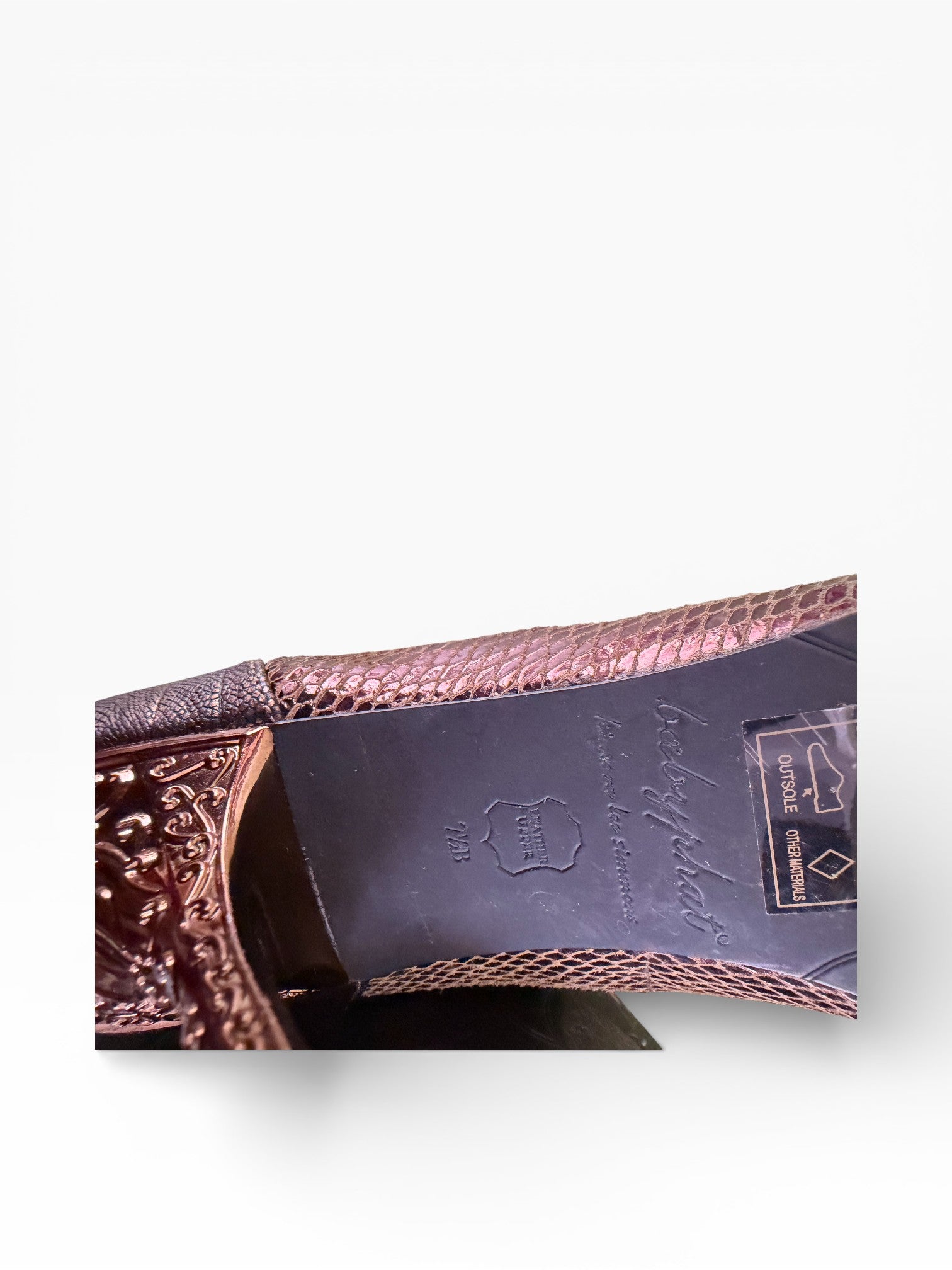 Baby Phat Rose Gold Baroque Embellished Python Heels