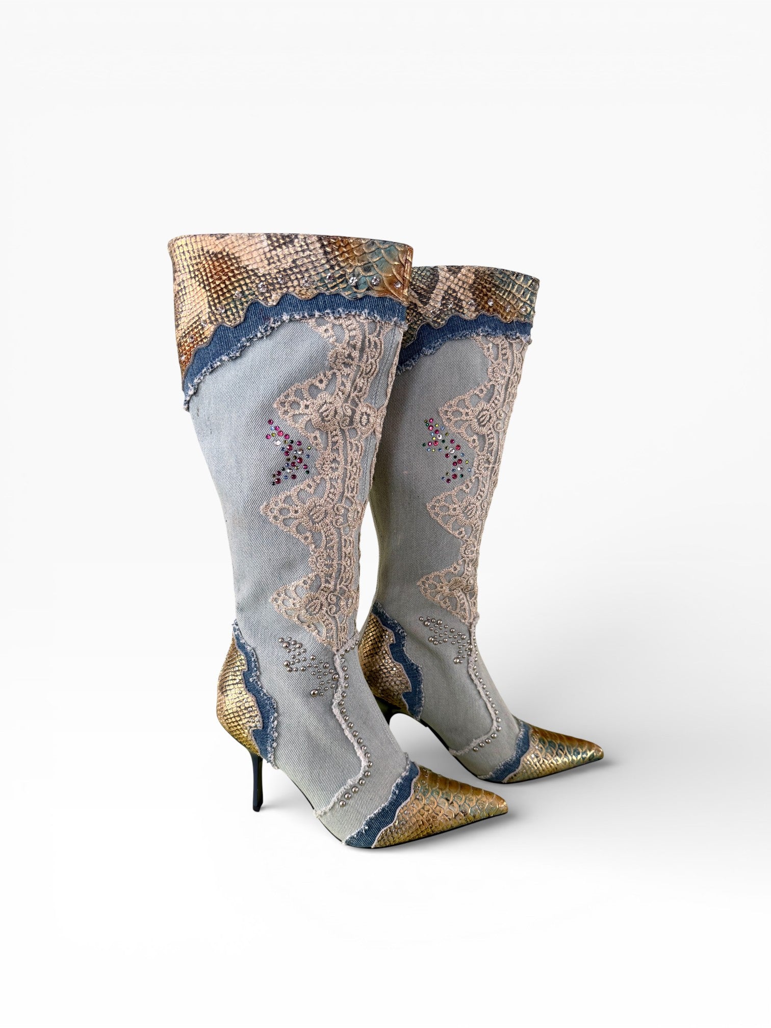 Jeffrey Campbell Python Denim Lace Embellished Knee-High Boots