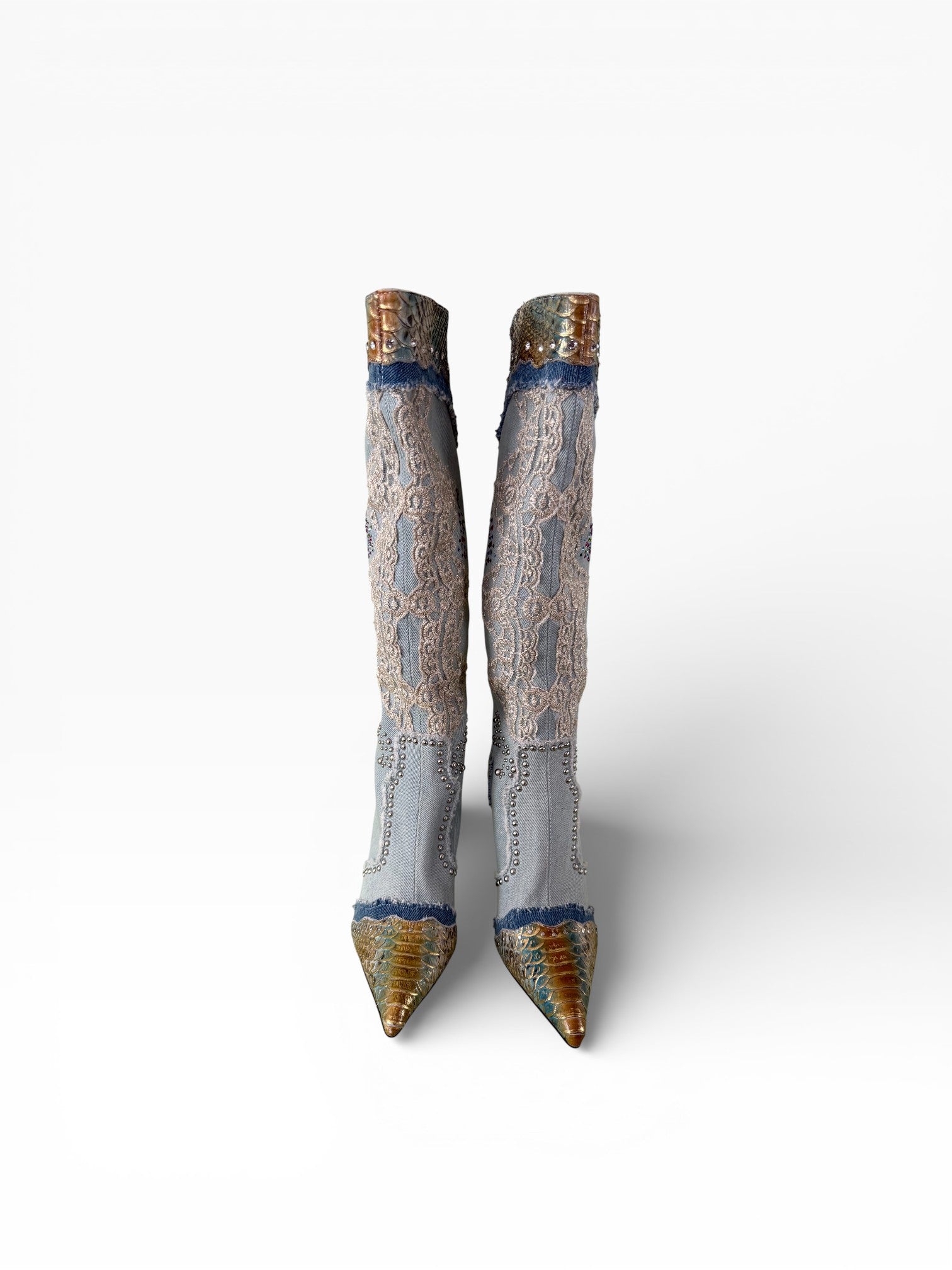 Jeffrey Campbell Python Denim Lace Embellished Knee-High Boots
