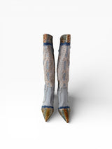 Jeffrey Campbell Python Denim Lace Embellished Knee-High Boots