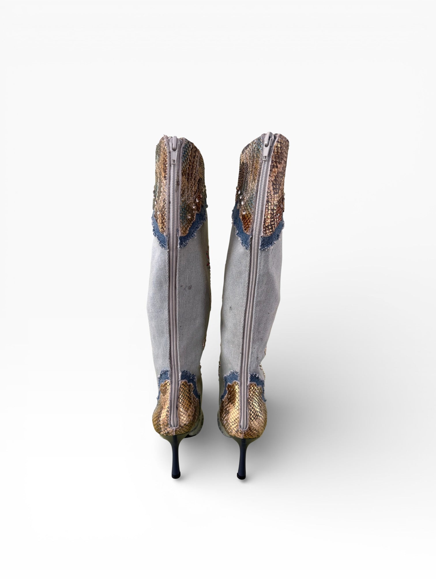 Jeffrey Campbell Python Denim Lace Embellished Knee-High Boots