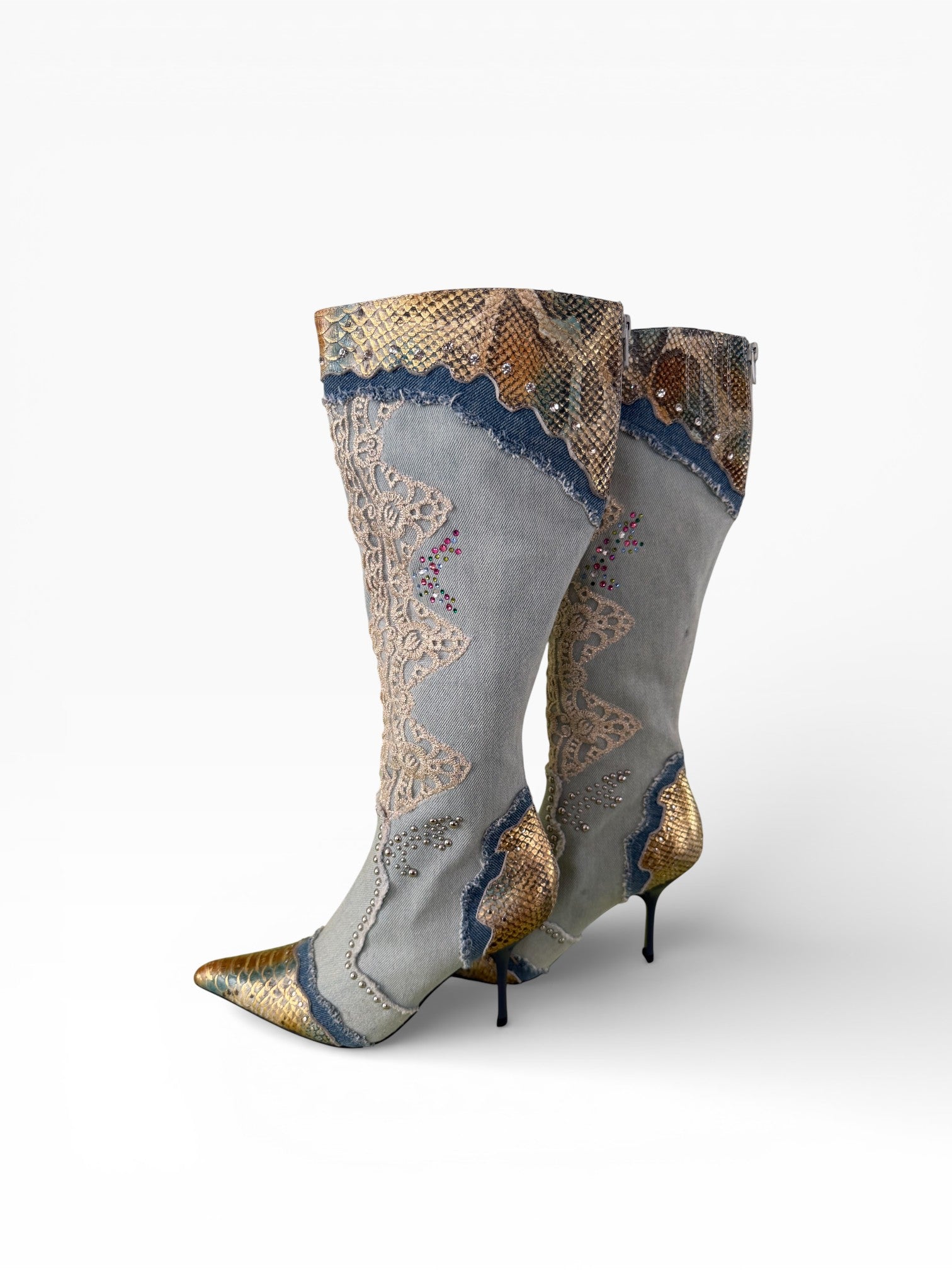 Jeffrey Campbell Python Denim Lace Embellished Knee-High Boots