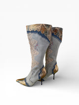Jeffrey Campbell Python Denim Lace Embellished Knee-High Boots