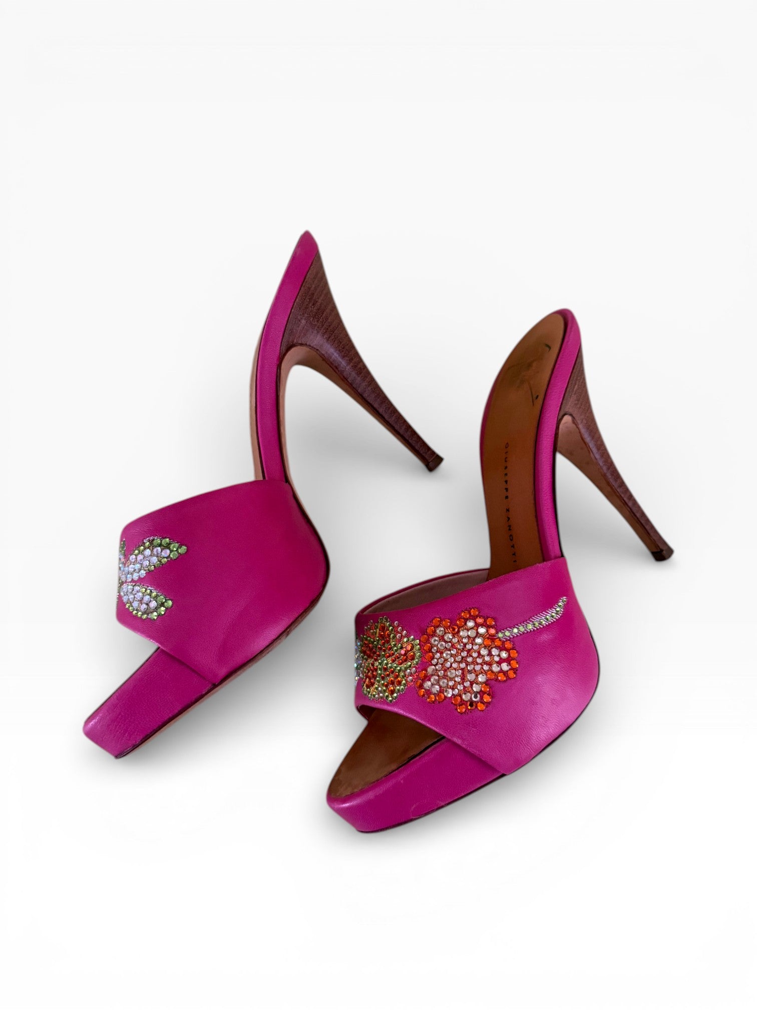 Giuseppe Zanotti Design Hot Pink Crystal Floral Embellished Mule Stiletto Heels