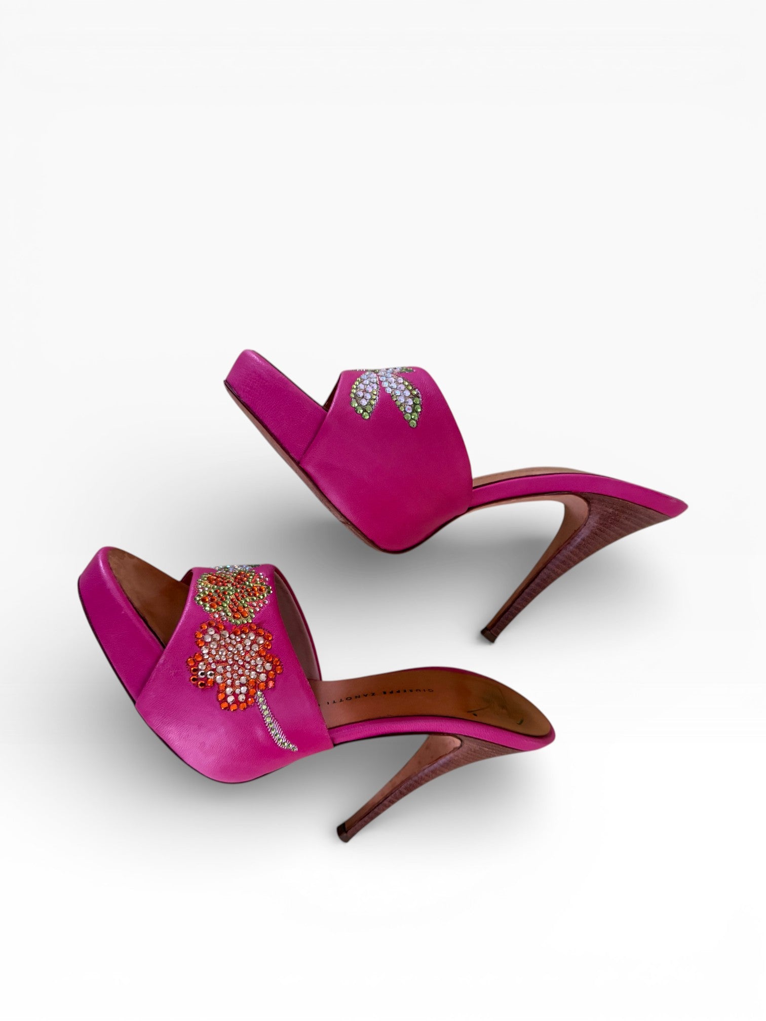 Giuseppe Zanotti Design Hot Pink Crystal Floral Embellished Mule Stiletto Heels