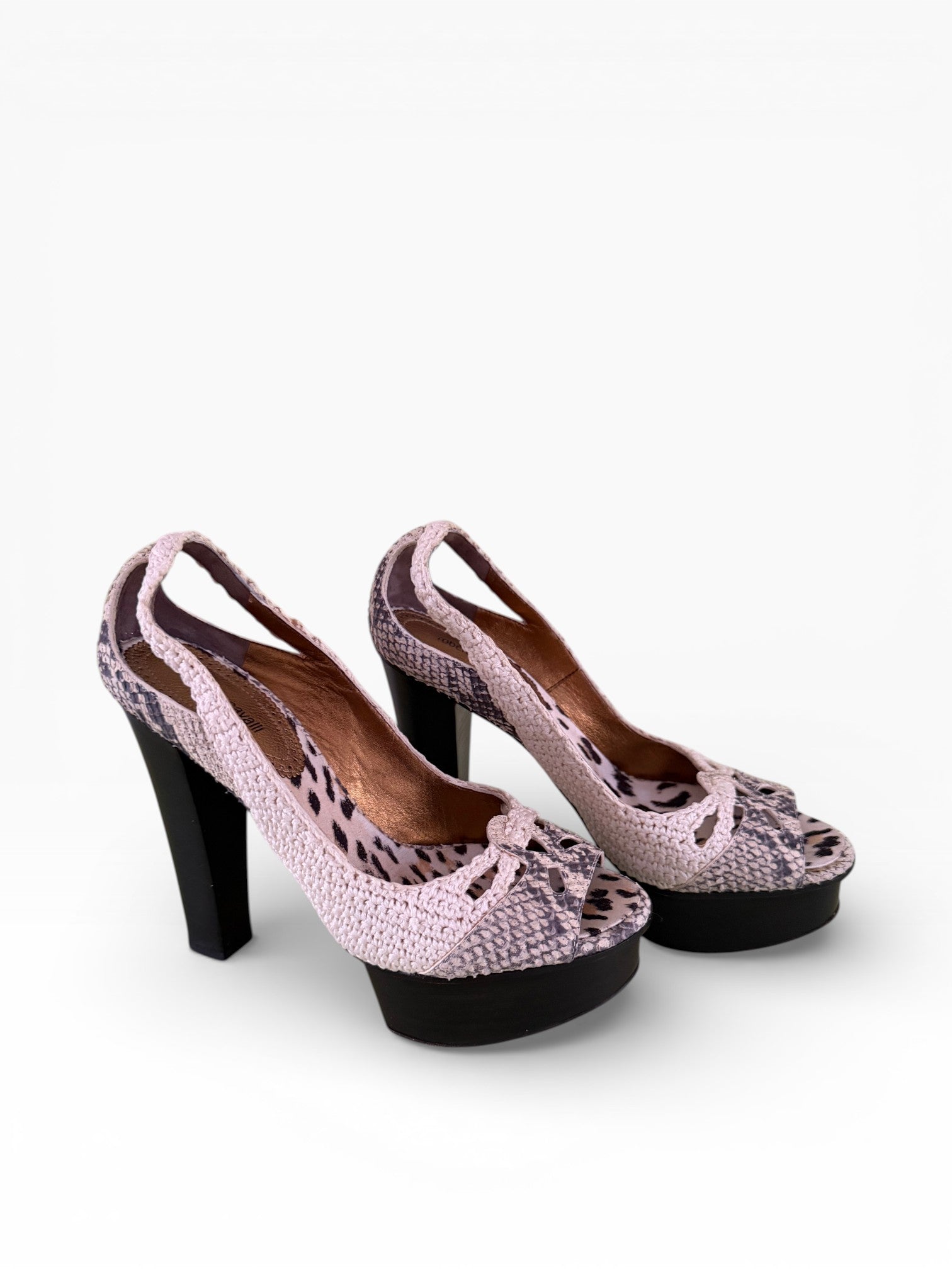 Roberto Cavalli Woven Crochet Snakeskin Platform Slingback Peep-Toe Heels
