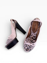 Roberto Cavalli Woven Crochet Snakeskin Platform Slingback Peep-Toe Heels