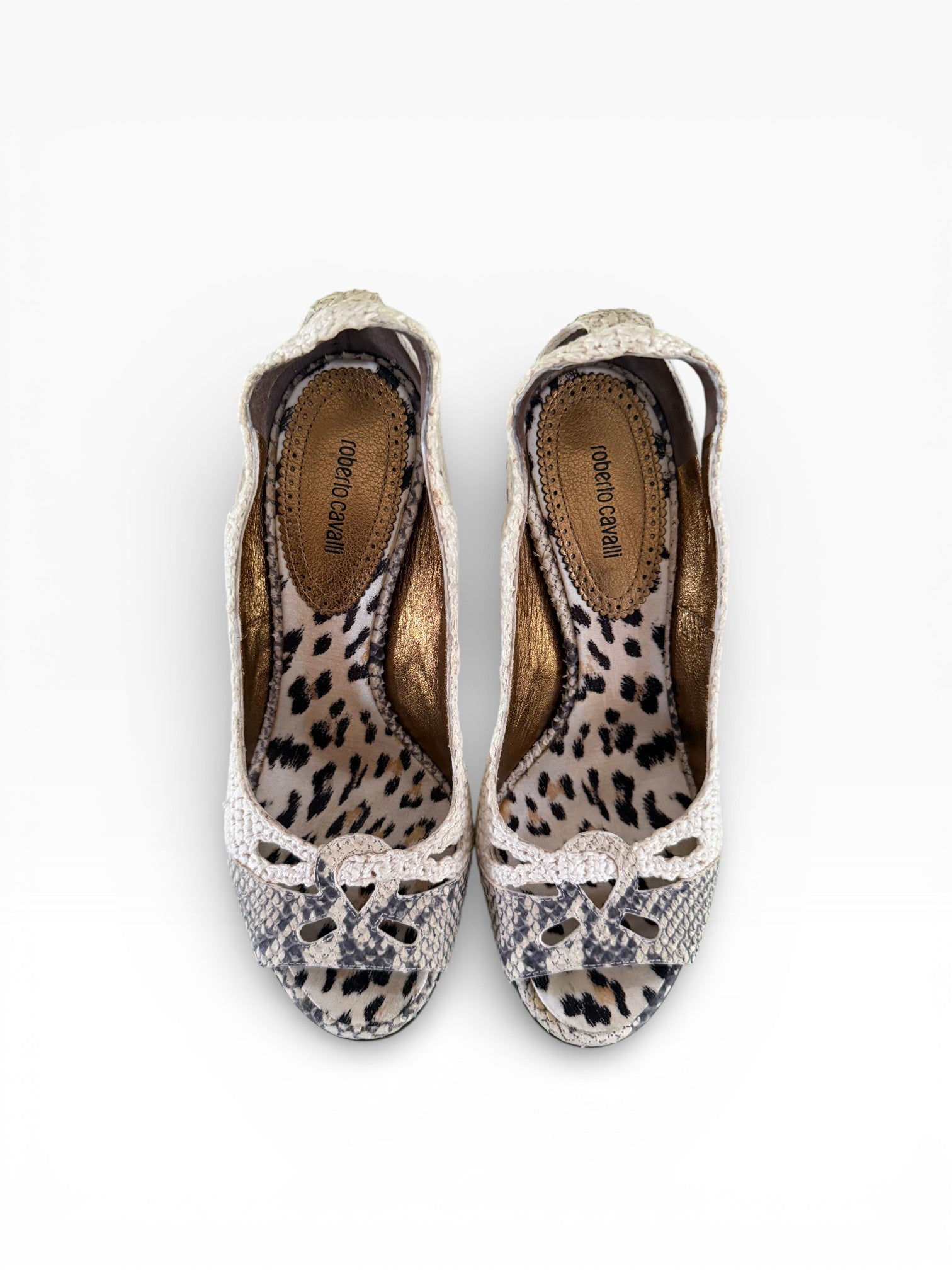 Roberto Cavalli Woven Crochet Snakeskin Platform Slingback Peep-Toe Heels
