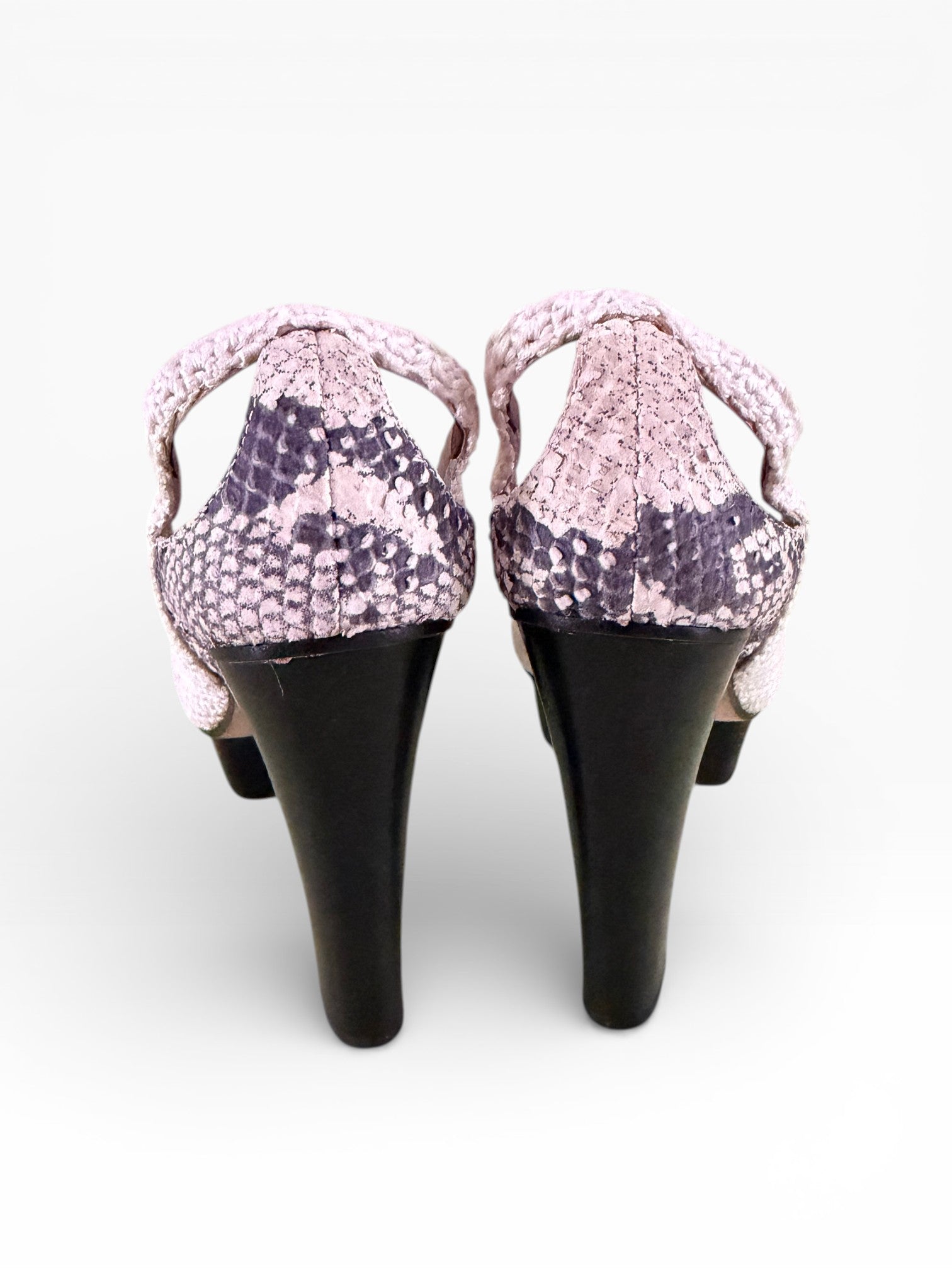 Roberto Cavalli Woven Crochet Snakeskin Platform Slingback Peep-Toe Heels