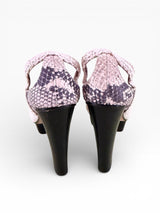 Roberto Cavalli Woven Crochet Snakeskin Platform Slingback Peep-Toe Heels