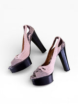 Roberto Cavalli Woven Crochet Snakeskin Platform Slingback Peep-Toe Heels