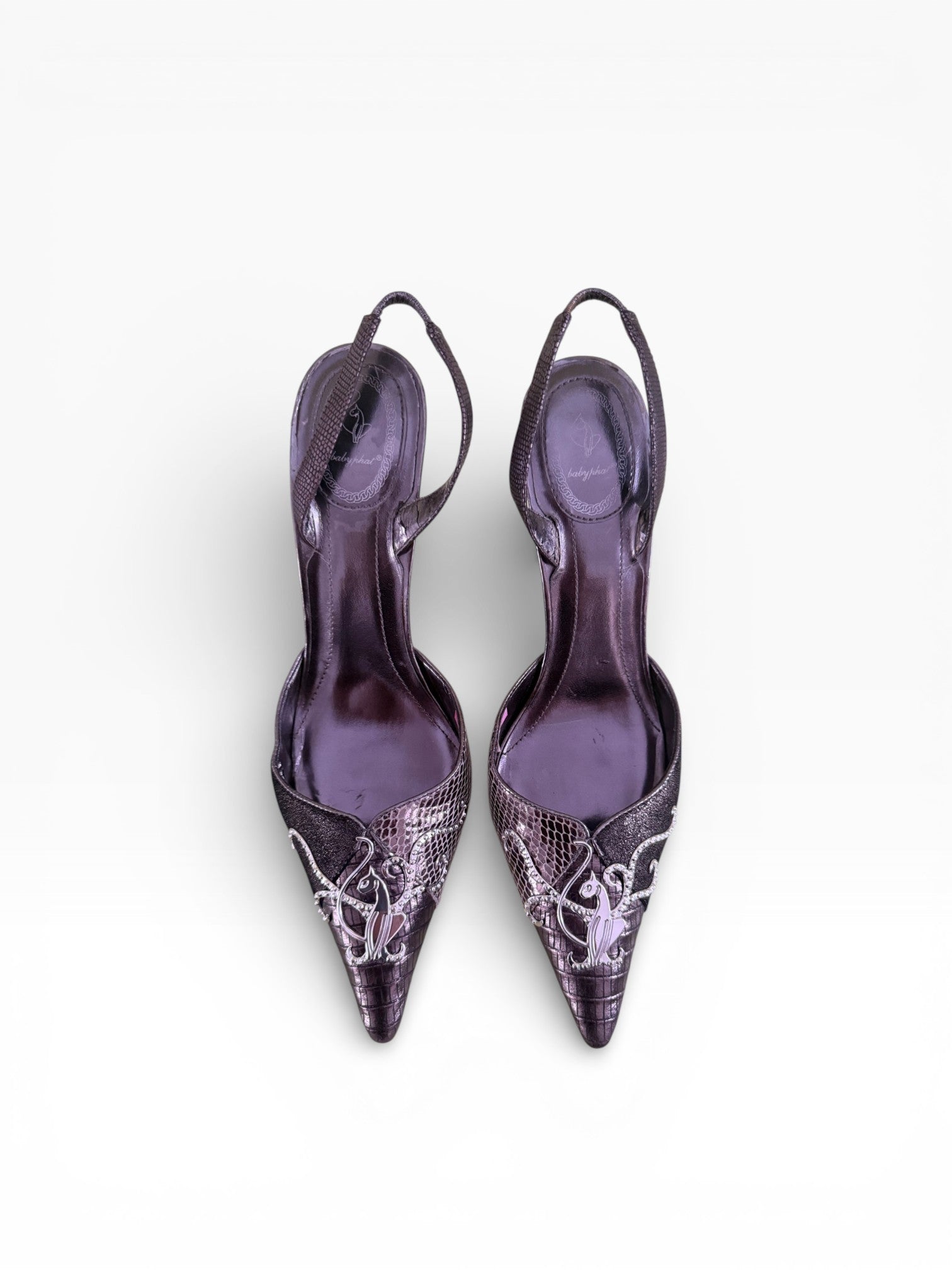 Baby Phat Crystal Cat Engraved Heel Slingbacks