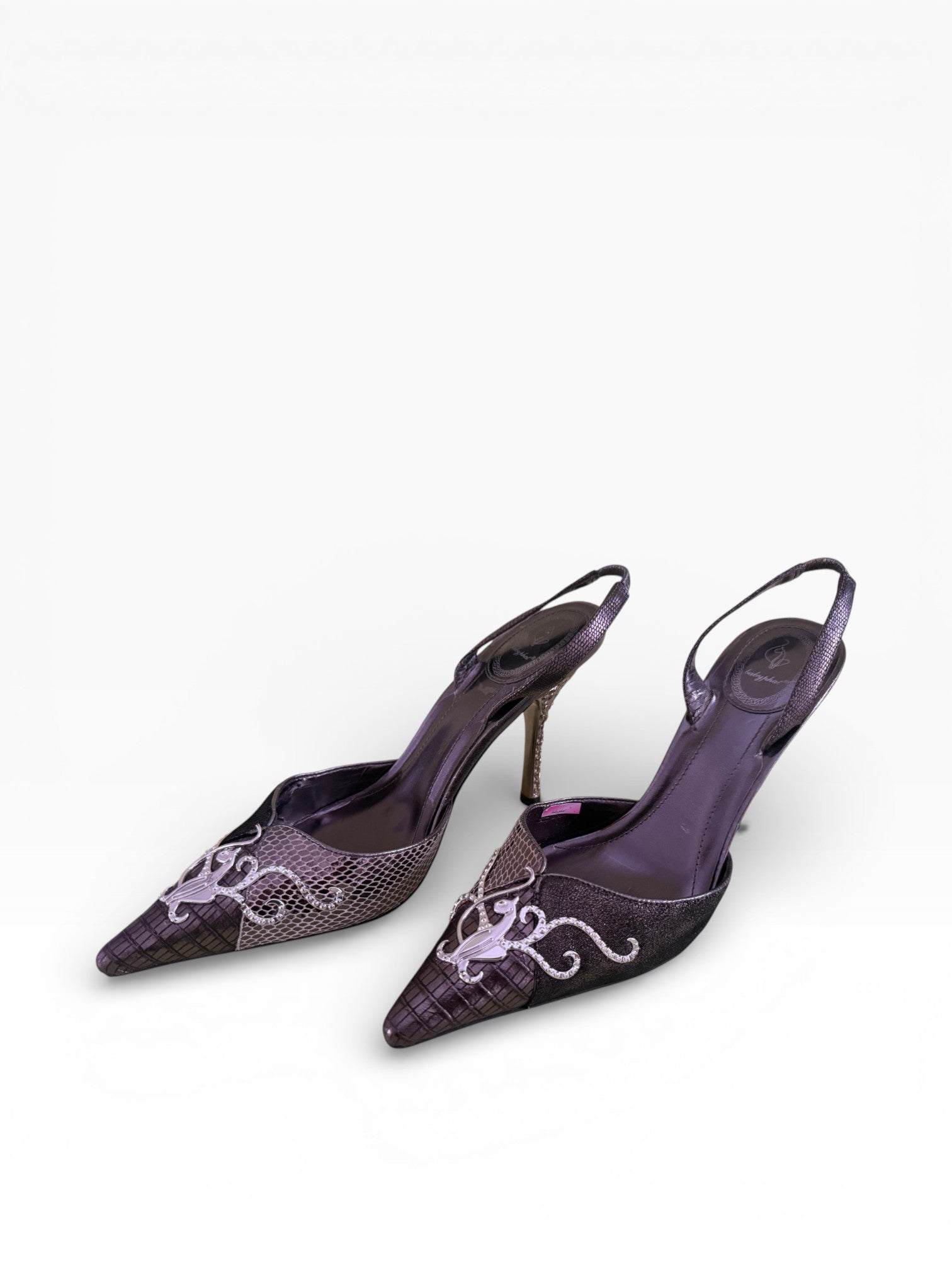 Baby Phat Crystal Cat Engraved Heel Slingbacks
