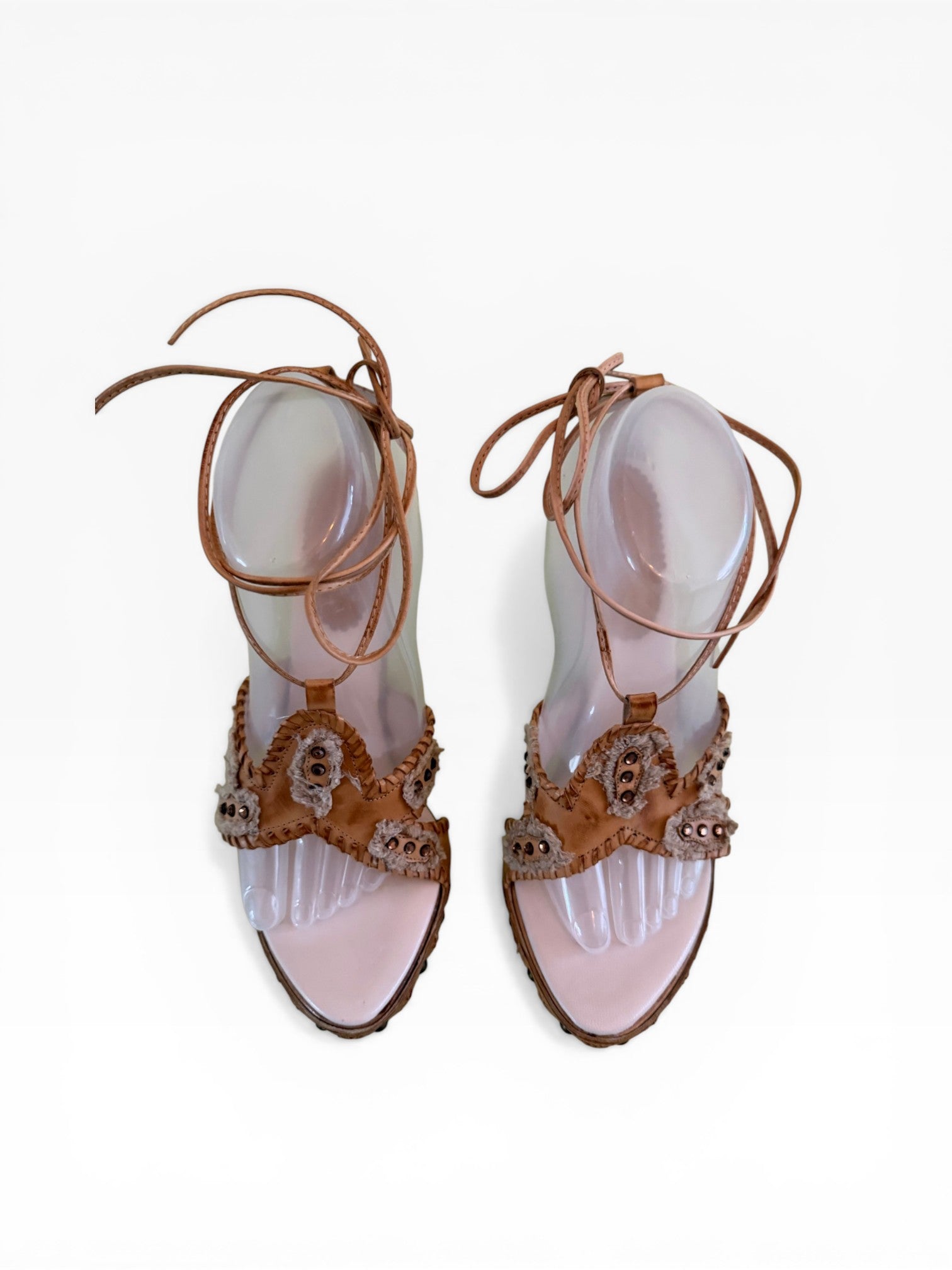 El Dantés Engraved Metal Heel Leather Lace-Up Platform Sandals