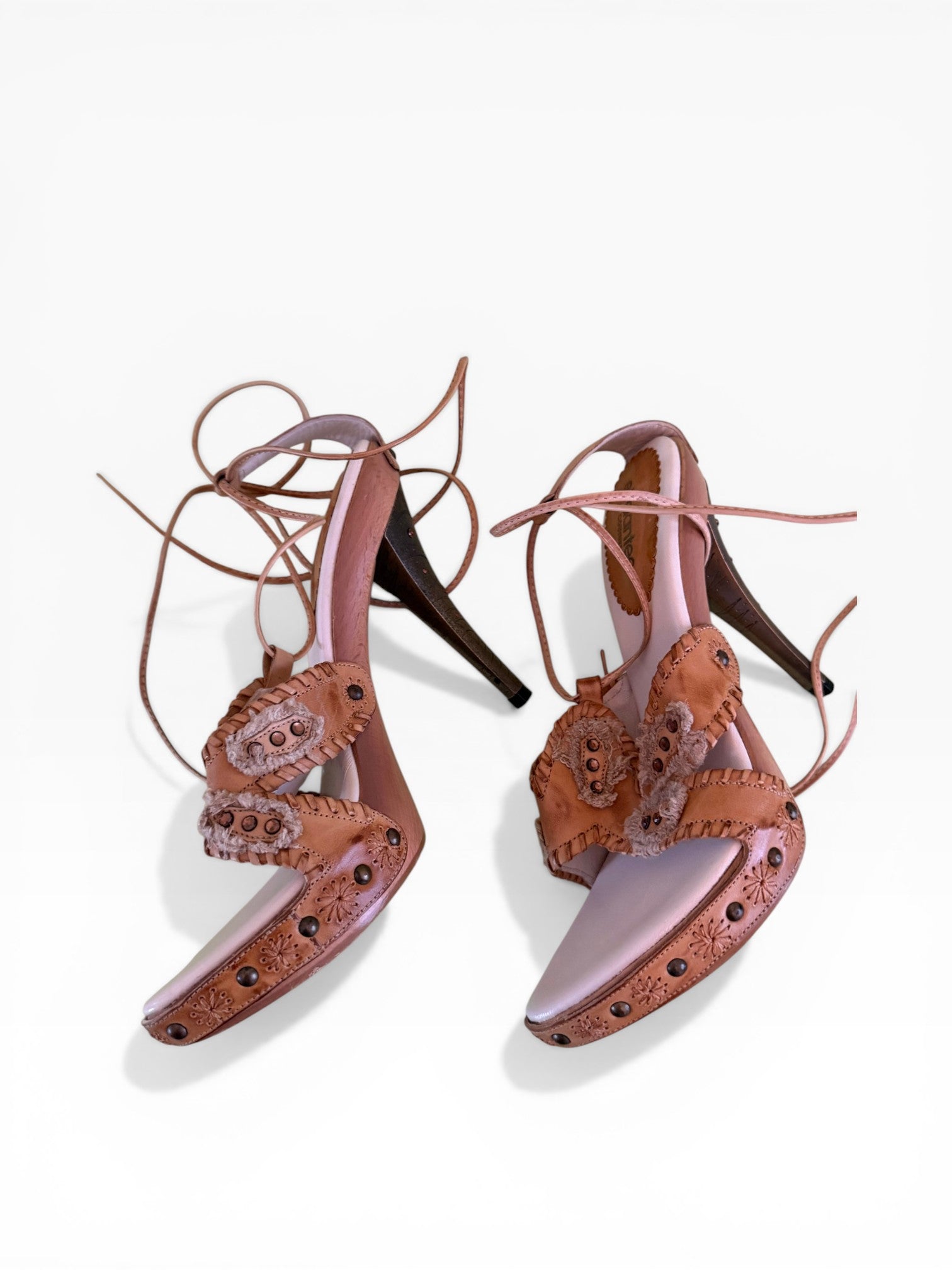 El Dantés Engraved Metal Heel Leather Lace-Up Platform Sandals